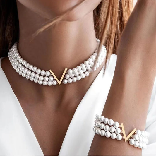 Venusiva New Multi-Layer Pearl Jewelry suit Women's Ins Style European and American Creative Design V-Collar Bracelet suit