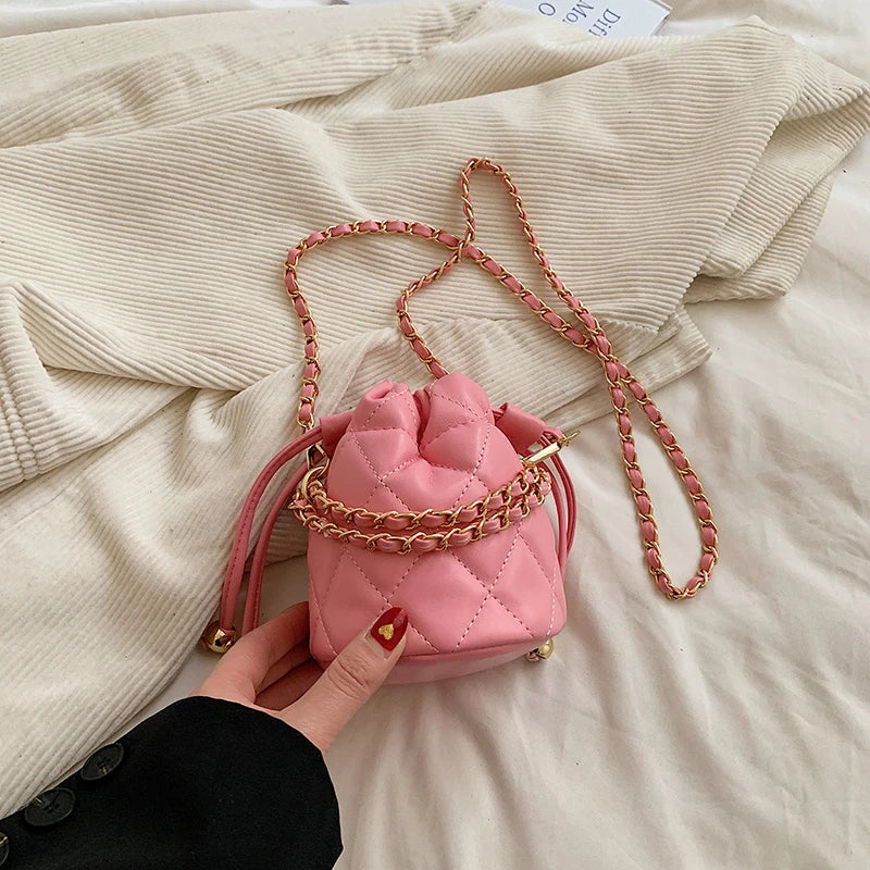 Venusiva Mini Bucket Bag for Women Summer 2024 Solid Chain Crossbody Versatile Girls Shoulder Card Pack Purse Chic PU Leather
