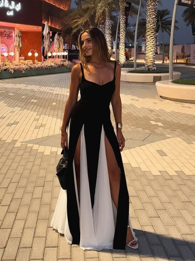 Venusiva Chic Contrast V-neck Sleeveless Maxi Dress for Women Elegant Backless Slim Fit Vestidos Summer Party Robe above Knee