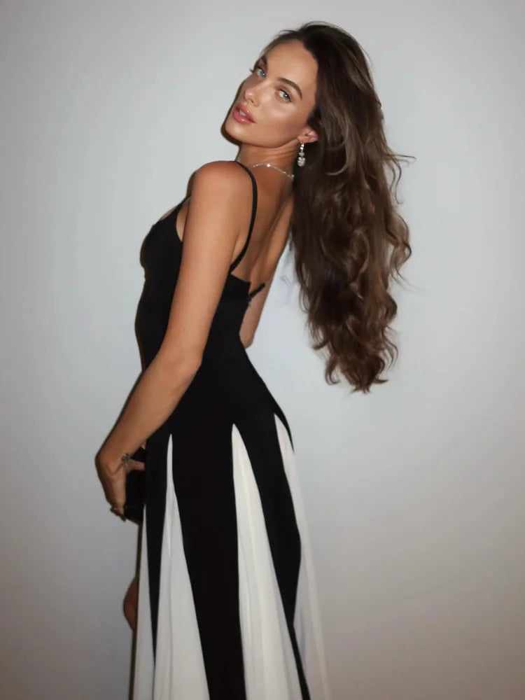 Venusiva Chic Contrast V-neck Sleeveless Maxi Dress for Women Elegant Backless Slim Fit Vestidos Summer Party Robe above Knee