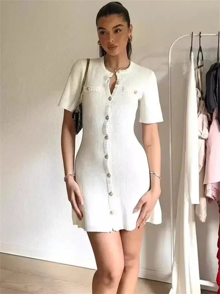 Venusiva Elegant High-Waisted Mini Dress for Women Slim Fit Short Sleeve Knitwear O-Neck Casual Sweater Dress Street Style Vacation Wear