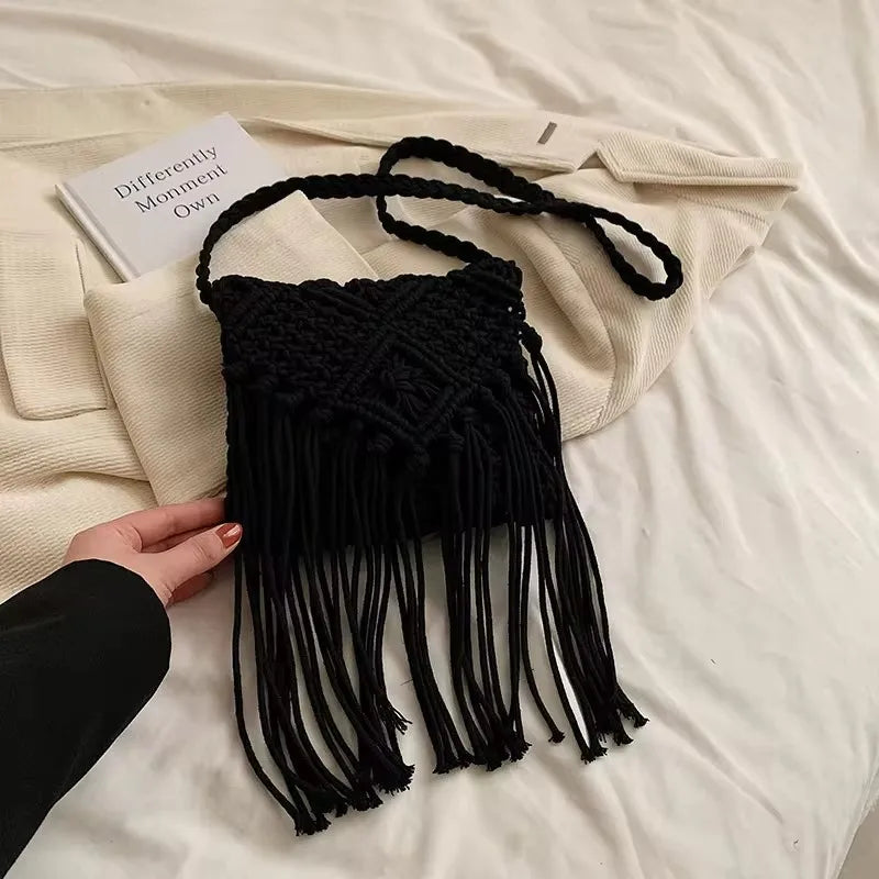 Venusiva Women's Fashion Straw Shoulder Bag Bohemian Tassel Crossbody Beach Travel Handbag Hollow out Summer Messenger Bag