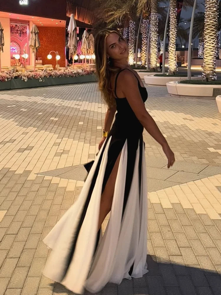Venusiva Chic Contrast V-neck Sleeveless Maxi Dress for Women Elegant Backless Slim Fit Vestidos Summer Party Robe above Knee