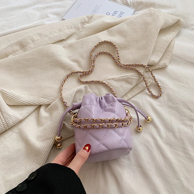 Venusiva Mini Bucket Bag for Women Summer 2024 Solid Chain Crossbody Versatile Girls Shoulder Card Pack Purse Chic PU Leather