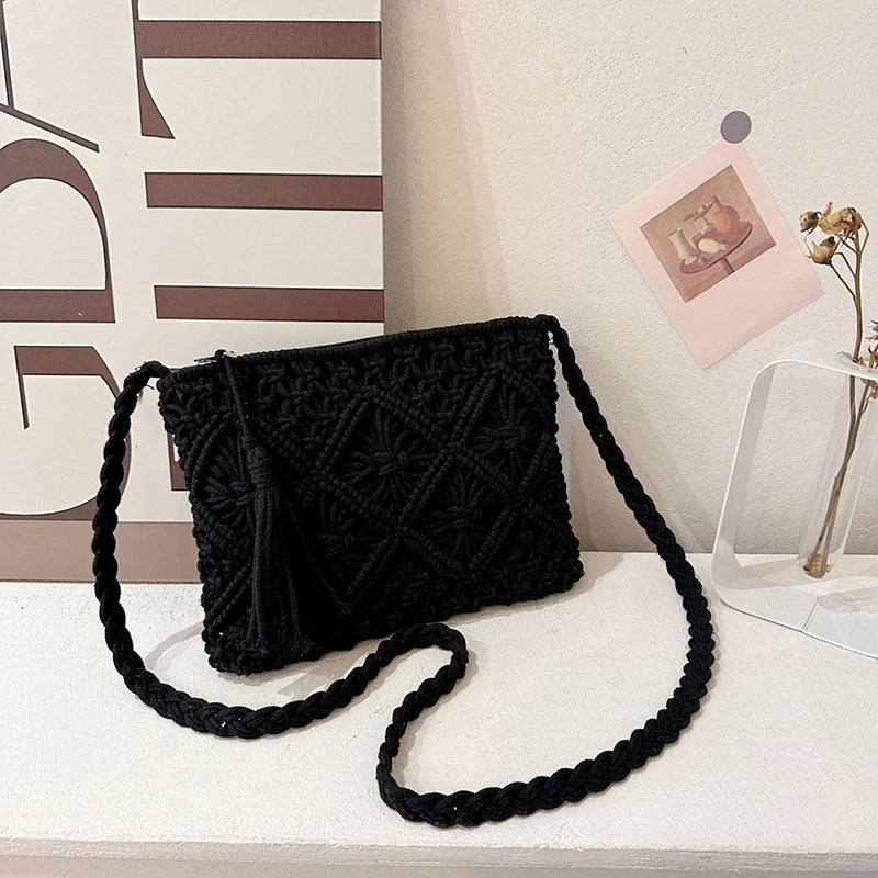Venusiva Women's Fashion Straw Shoulder Bag Bohemian Tassel Crossbody Beach Travel Handbag Hollow out Summer Messenger Bag