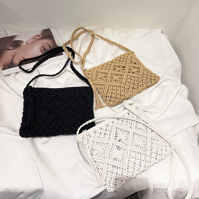 Venusiva Women's Fashion Straw Shoulder Bag Bohemian Tassel Crossbody Beach Travel Handbag Hollow out Summer Messenger Bag